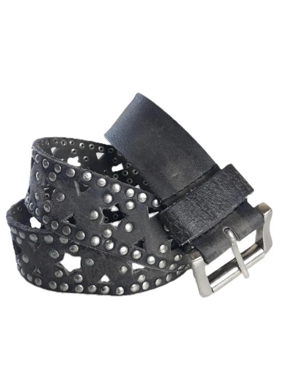 Gray Leather Brass Studded Star Belt & Brass Buckle Grunge Goth Biker Punk